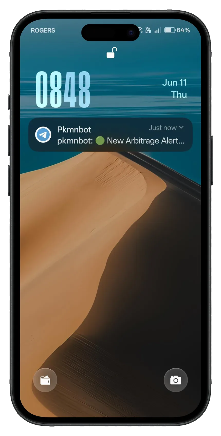 pkmnbot arbitrage alert as a Telegram push notification on a phone lock screen