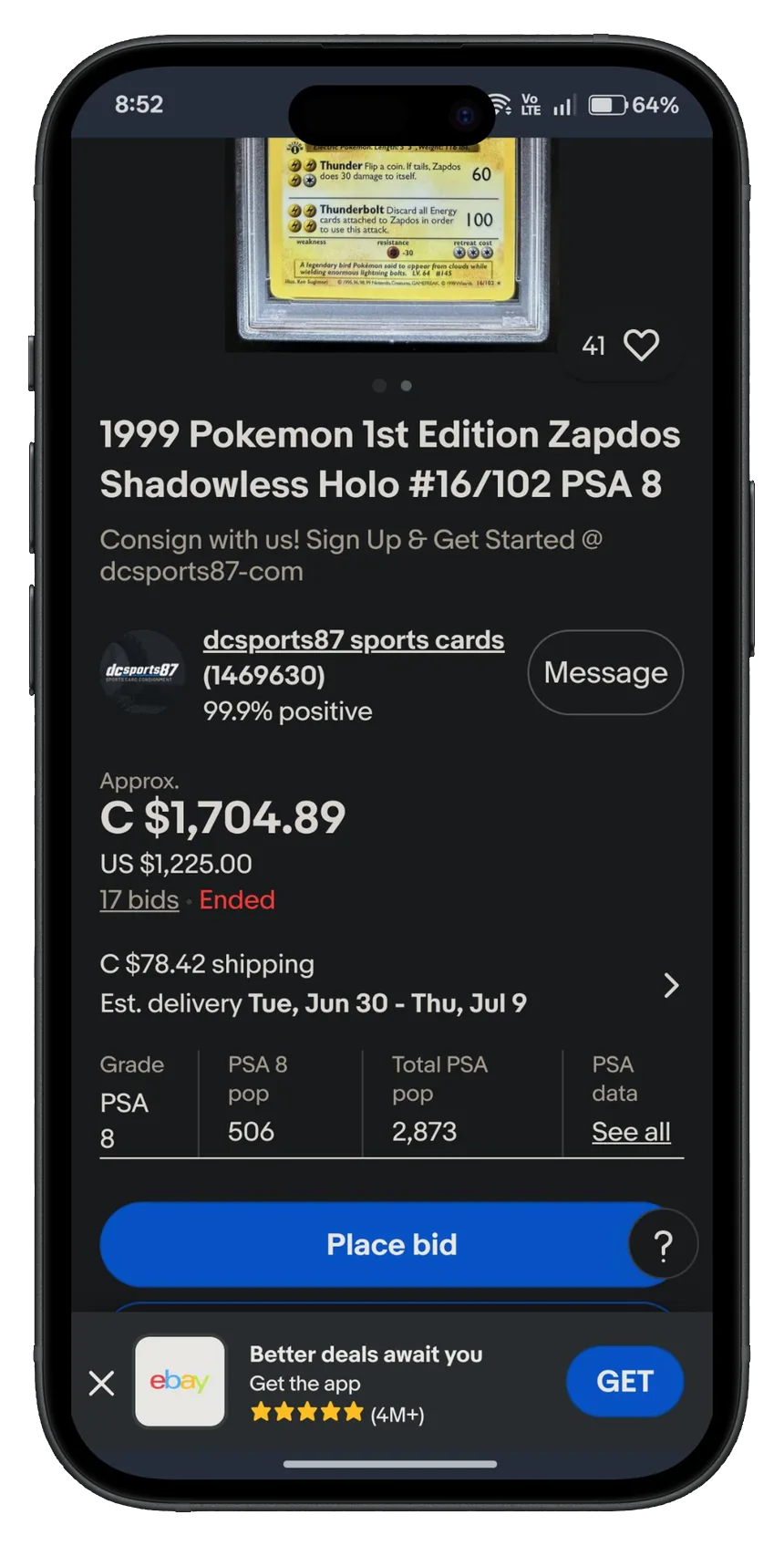 The flagged eBay auction: 1999 Pokemon 1st Edition Zapdos Shadowless Holo PSA 8