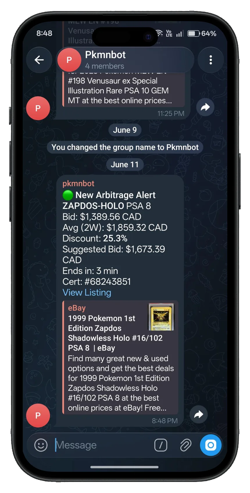 Full pkmnbot arbitrage alert in the Telegram group: bid, 2-week average, discount, suggested bid, and listing