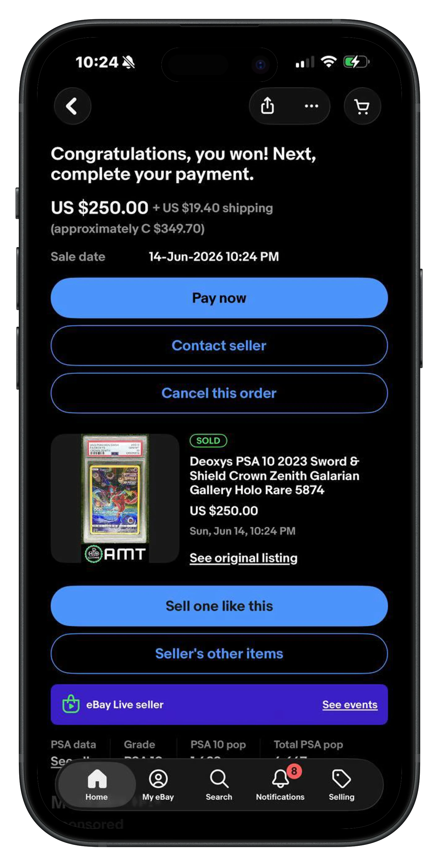 eBay confirmation: Congratulations, you won — Deoxys PSA 10 for C $349.70